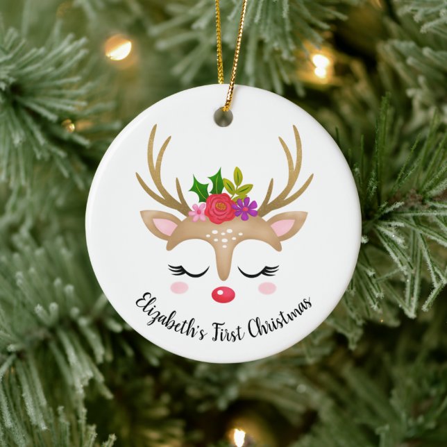 Cute Reindeer Babys First Christmas Photo Ceramic Ornament (Tree)