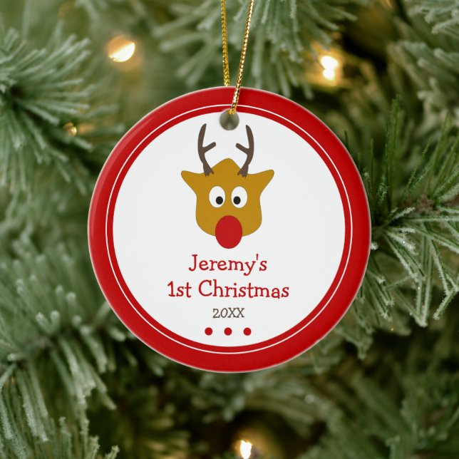 Cute Reindeer Baby's First Christmas Photo Ceramic Ornament (Tree)