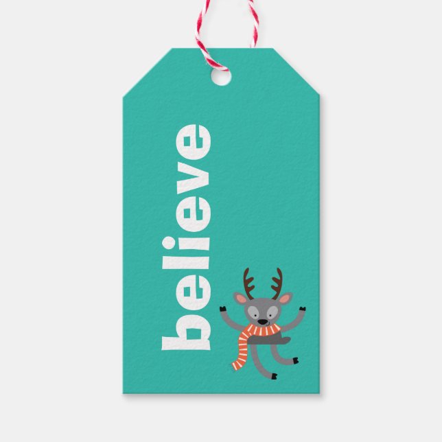 Cute Reindeer Believe Christmas Gift Tags (Front)
