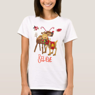 Cute Reindeer Believe Christmas Holiday T-Shirt