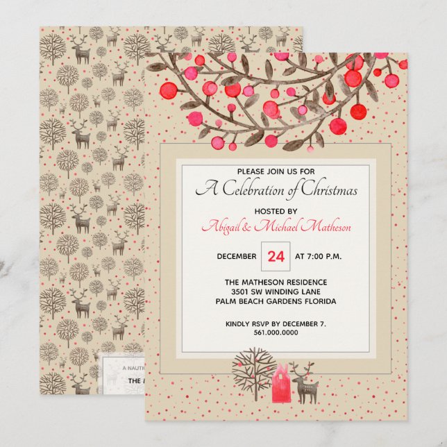 Cute #Reindeer & Berries Earth Tone / Custom Color Invitation (Front/Back)