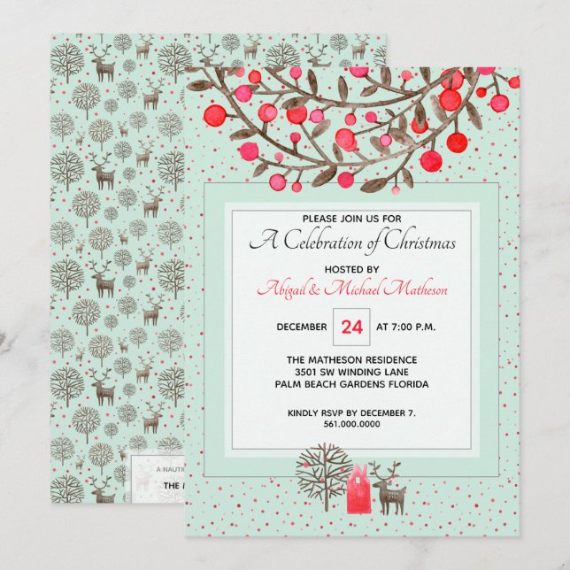 Cute #Reindeer & Berries Green or Custom Color Invitation (Front/Back)