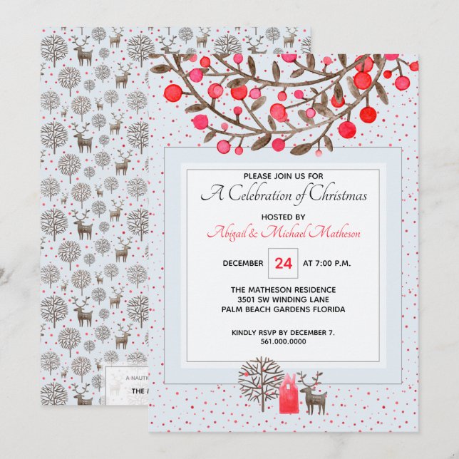 Cute #Reindeer & Berries Pastel Blue Custom Color Invitation (Front/Back)