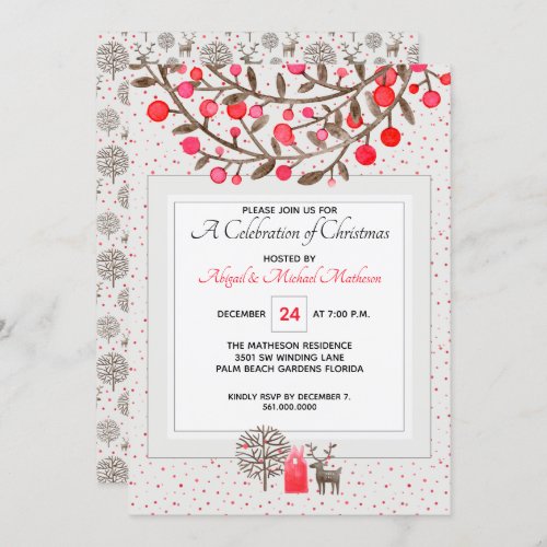 Cute Reindeer  Berries Pearl Gray  Custom Color Invitation