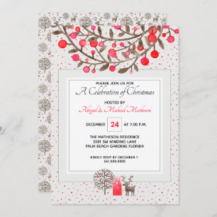 Cute Reindeer & Berries Pearl Gray / Custom Color Invitation