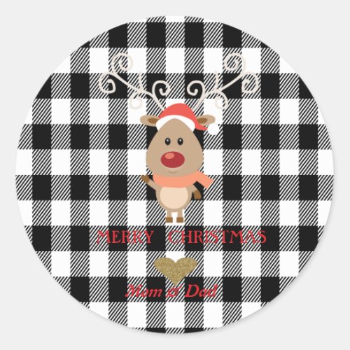 Cute Reindeer Black Buffalo Plaid Classic Round Sticker