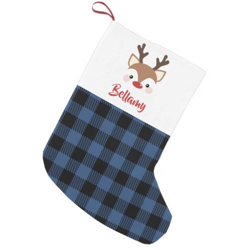 Cute Reindeer Blue Plaid Name In Red Small Christmas Stocking