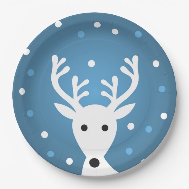 Cute reindeer blue winter Christmas Paper Plates (Front)