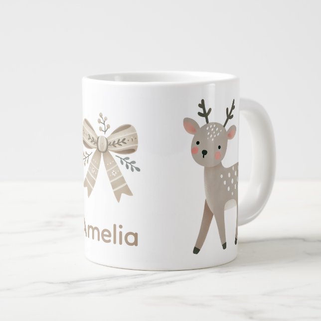 Cute Reindeer & Bow Drawing Christmas Name Giant Coffee Mug (Front Right)