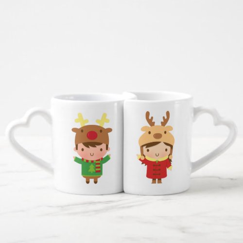 Cute Reindeer Boy and Girl Christmas Coffee Mug Set