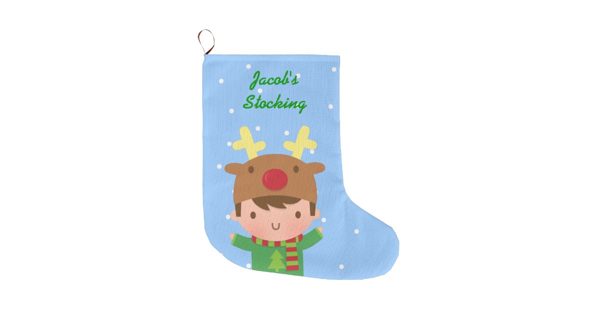 Cute Reindeer Boy Christmas For Kids Large Christmas Stocking | Zazzle