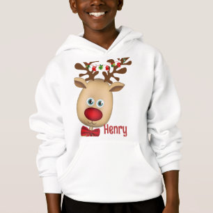 Cute Reindeer Boy Christmas Lights Custom Name Hoodie
