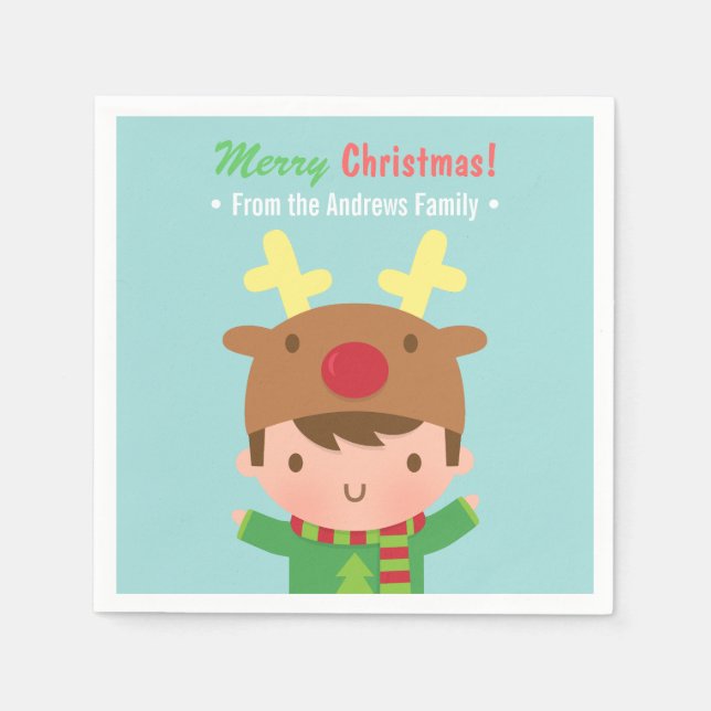 Cute Reindeer Boy Christmas Party Supplies Paper Napkins (Front)