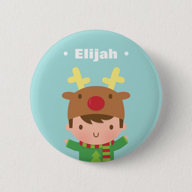 Cute Reindeer Boy Kids Christmas Fillers Pinback Button (Front)