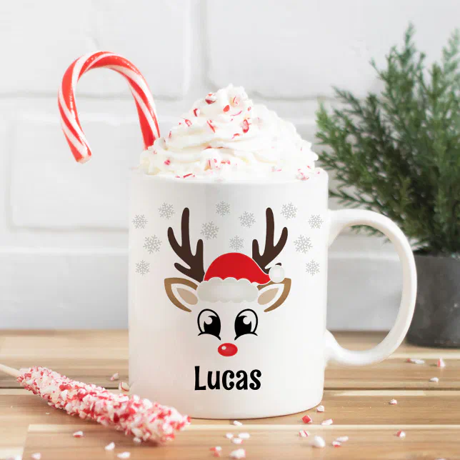 Cute Reindeer Boy Santa Hat Custom Name Christmas Coffee Mug


