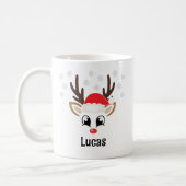 Cute Reindeer Boy Santa Hat Custom Name Christmas Coffee Mug (Left)