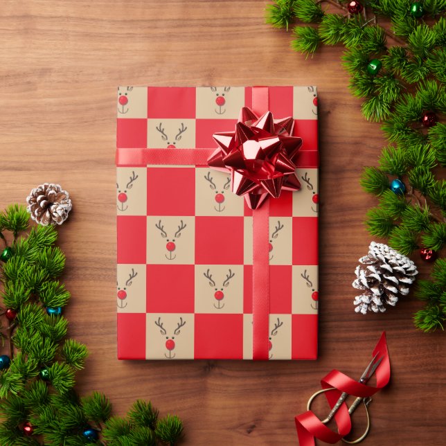 Cute Reindeer Brown and Red Pattern Wrapping Paper (Holiday Gift)