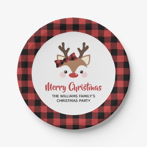 Cute Reindeer Buffalo Bow Red Merry Christmas Paper Plates