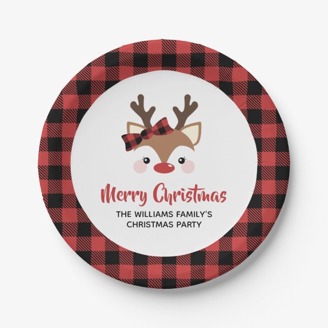 Cute Reindeer Buffalo Bow Red Merry Christmas Paper Plates (Front)