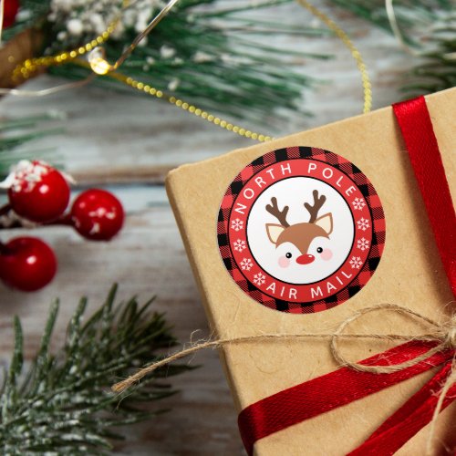 Cute Reindeer Buffalo Check North Pole Air Mail Classic Round Sticker
