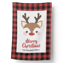 Cute Reindeer Buffalo Check Red Merry Christmas