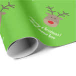Cute reindeer cartoon Christmas Holiday gift Wrapping Paper<br><div class="desc">Cute Rudolph the red nose reindeer cartoon Christmas Holiday gift wrapping paper rolls. Funny pattern wrappingpaper with beautiful handlettered typography template. Customizable green background color. Pretty giftwrap for kids and adults. Personalize with custom name and xmas greeting. Available in matte and shiny gloss finish.</div>
