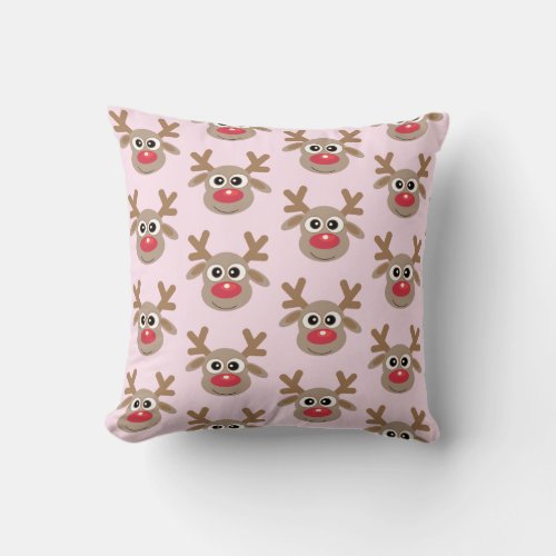 Cute Reindeer Cartoon Christmas Pattern Girly Pink Throw Pillow