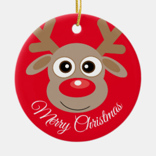 Cute Reindeer Cartoon Christmas Red Ceramic Ornament