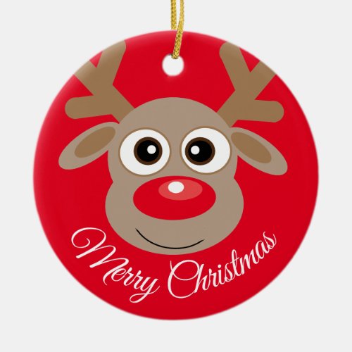 Cute Reindeer Cartoon Christmas Red Ceramic Ornament
