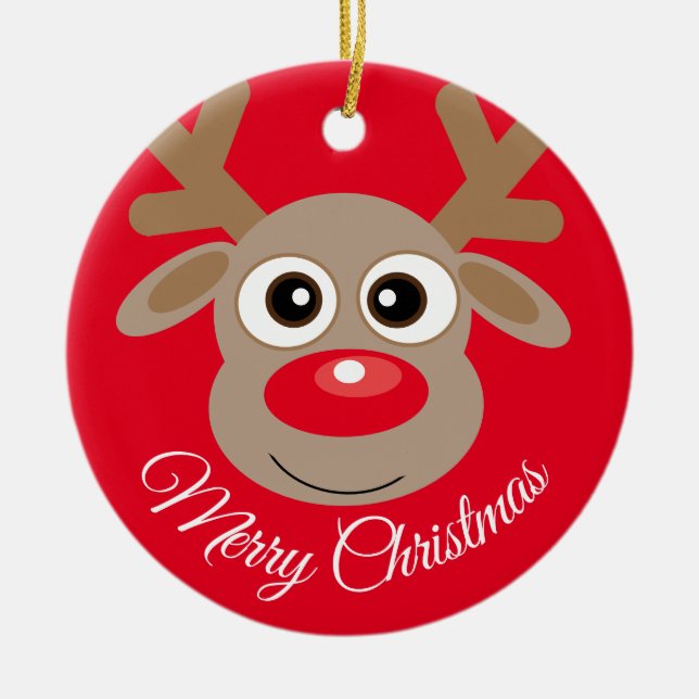 Cute Reindeer Cartoon Christmas Red Ceramic Ornament (Front)