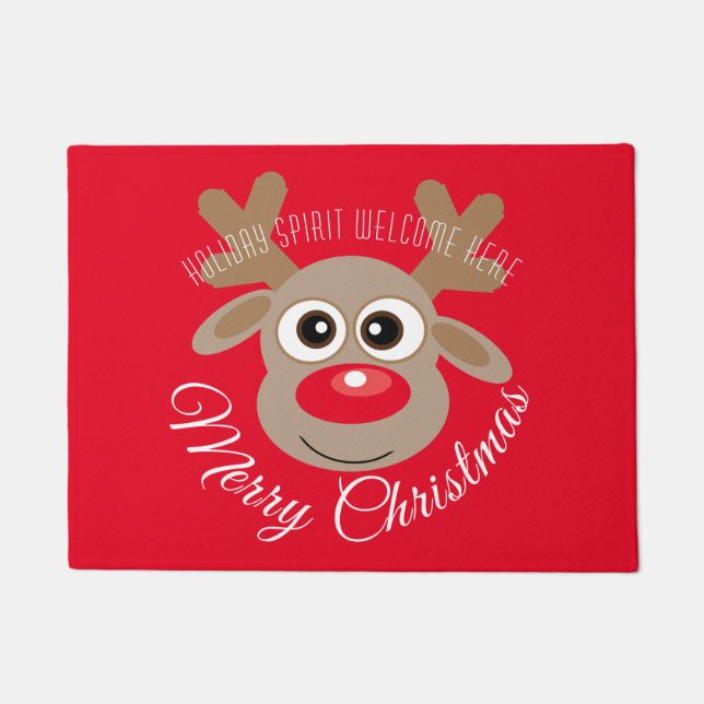 Cute Reindeer Cartoon Christmas Red Script Doormat (Front)