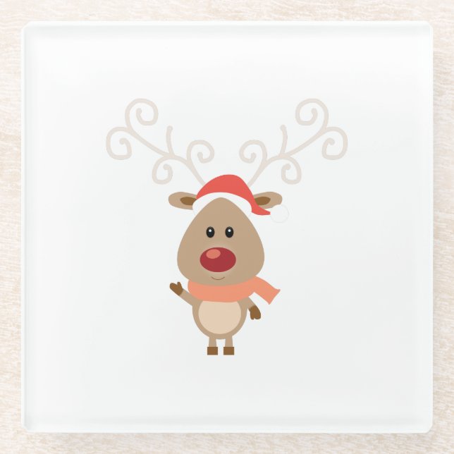 Cute reindeer cartoon glass coaster (Front)