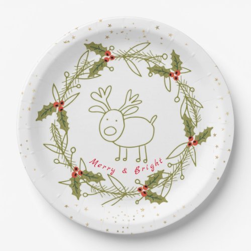 Cute Reindeer Cartoon Holly Glitter Merry  Bright Paper Plates