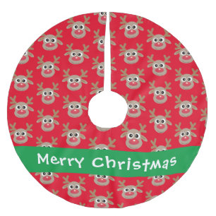 Cute Reindeer Cartoon Pattern Red  Brushed Polyester Tree Skirt