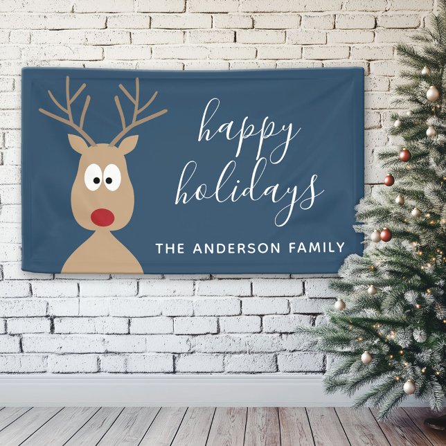 Cute Reindeer Cartoon with Family Greeting blue Banner (Custom Christmas Holiday Banner)