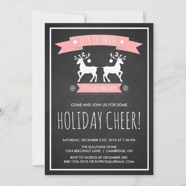 Cute Reindeer Chalkboard Holiday Party Invitation (Front)