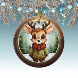 Cute Reindeer Character Xmas Deer, Snow Scene 🦌🎄 Ceramic Ornament