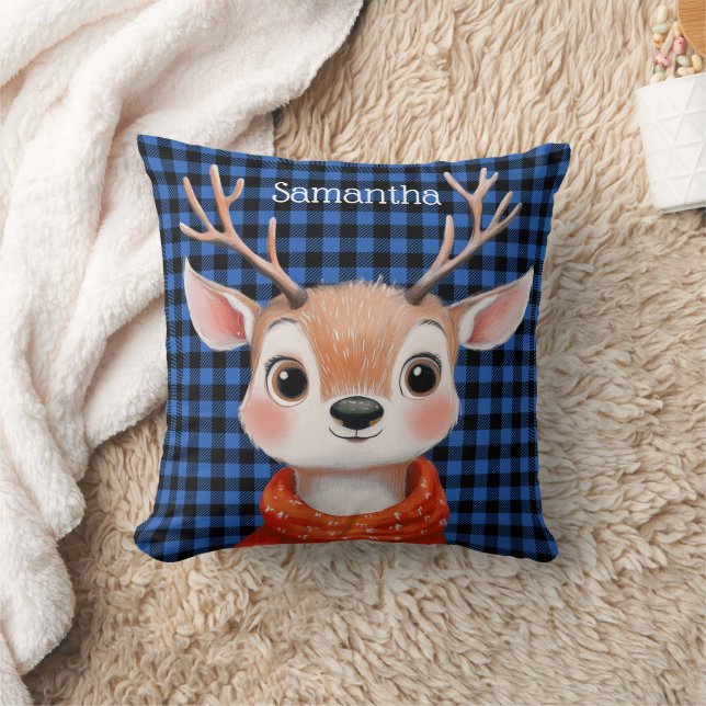 Cute Reindeer Christmas Buffalo Check Throw Pillow (Blanket)