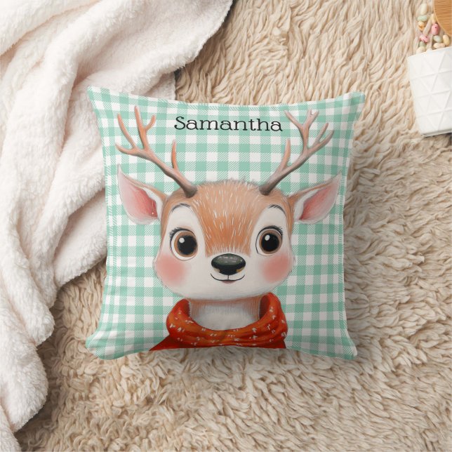 Cute Reindeer Christmas Buffalo Check Throw Pillow (Blanket)