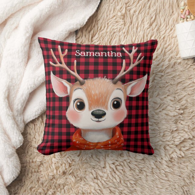 Cute Reindeer Christmas Buffalo Check Throw Pillow (Blanket)