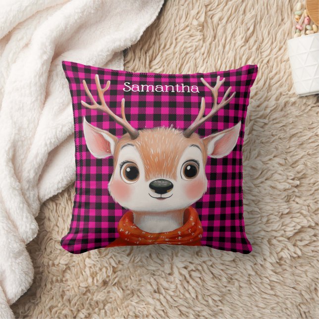 Cute Reindeer Christmas Buffalo Check Throw Pillow (Blanket)