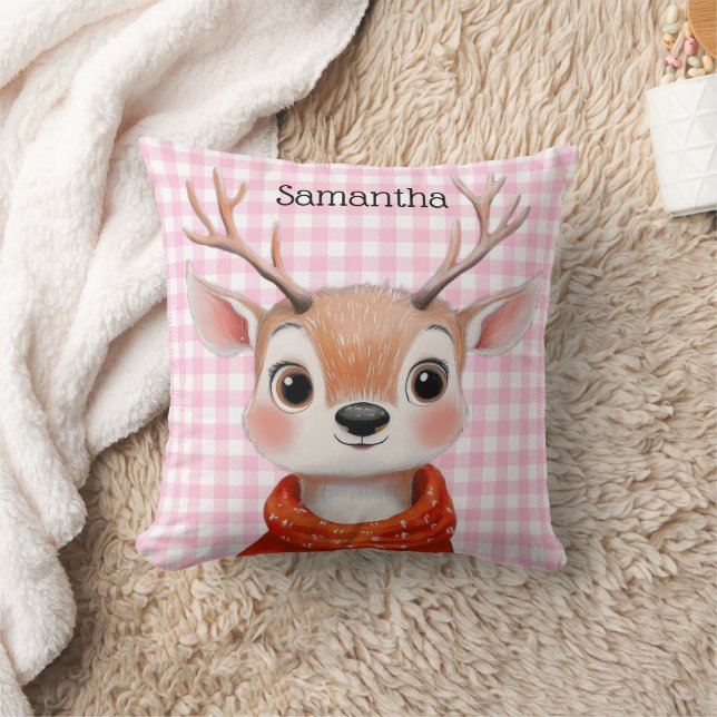 Cute Reindeer Christmas Buffalo Check Throw Pillow (Blanket)