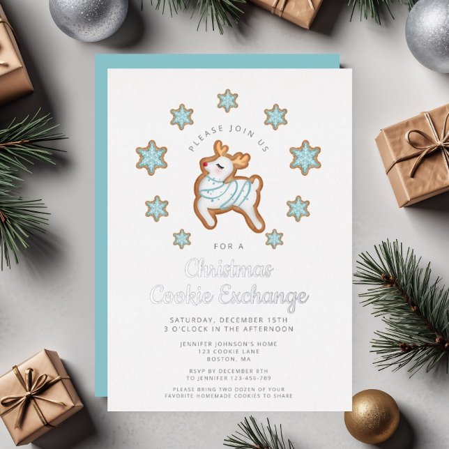 Cute Reindeer Christmas Cookie Exchange Foil Invitation (Cute Reindeer Christmas Cookie Exchange Foil Invitation)