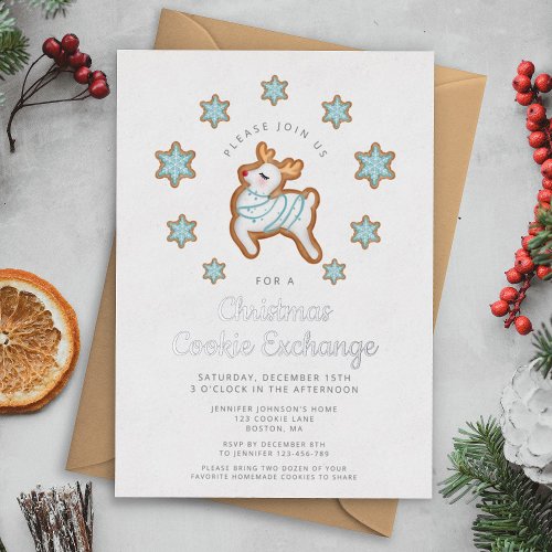 Cute Reindeer Christmas Cookie Exchange Foil Invitation