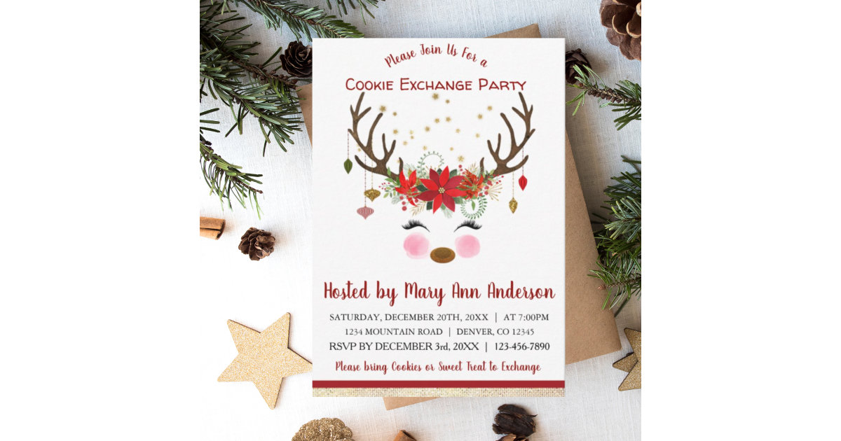 Cute Reindeer Christmas Cookie Exchange Party Invitation | Zazzle
