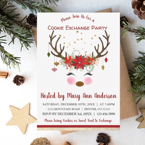Cute Reindeer Christmas Cookie Exchange Party Invitation
