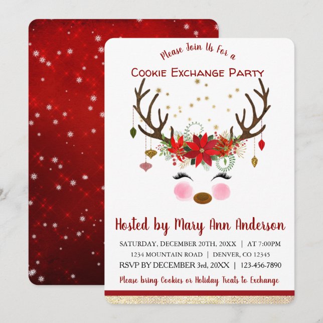 Cute Reindeer Christmas Cookie Exchange Party Invitation (Front/Back)