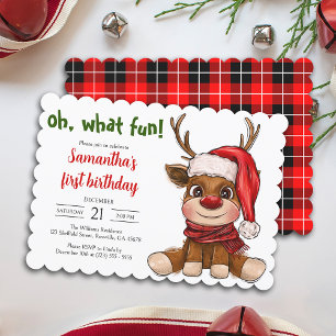Cute Reindeer Christmas First Birthday Party Invitation