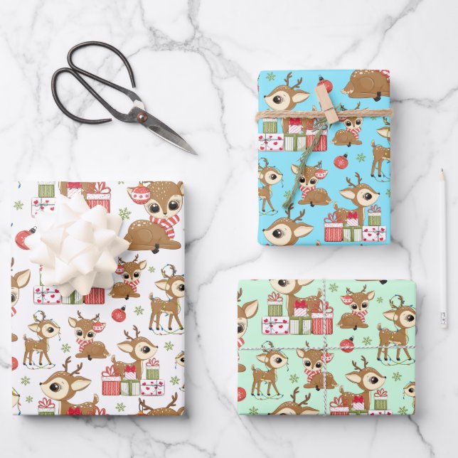 Cute Reindeer Christmas Gift Ornament Snowflake Wrapping Paper Sheets (Front)