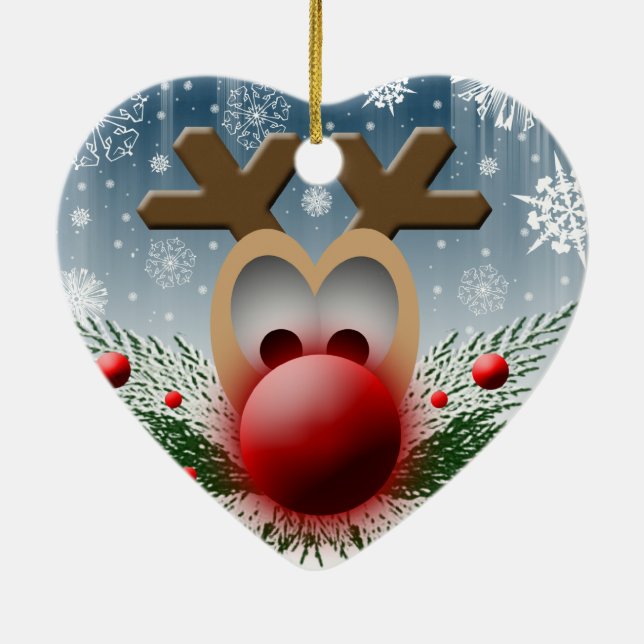 Cute Reindeer Christmas Heart Holiday Xmas Ceramic Ornament (Back)